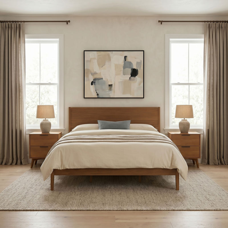 Modern minimalist bedroom with mid-century wooden bed, neutral beige bedding, matching wooden nightstands and lamps, abstract wall art and large curtained windows