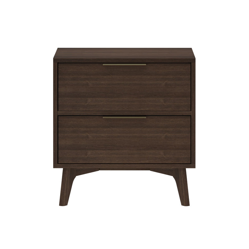 Mid-century modern dark brown wood two-drawer nightstand with brass drawer pulls and tapered legs