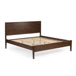 Dark brown solid wood platform bed frame with slatted mattress support and rectangular panel headboard in modern farmhouse style