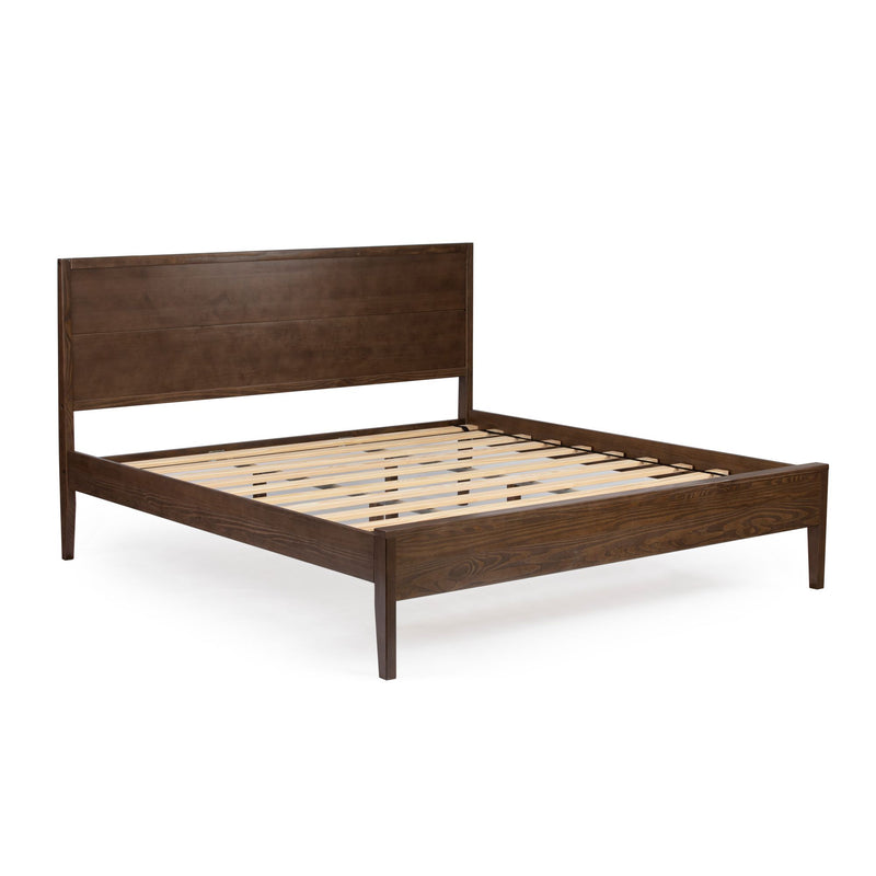 Dark brown solid wood platform bed frame with slatted mattress support and rectangular panel headboard in modern farmhouse style