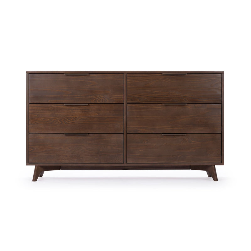Mid-century modern walnut six-drawer dresser with slim metal handles — solid wood bedroom storage chest