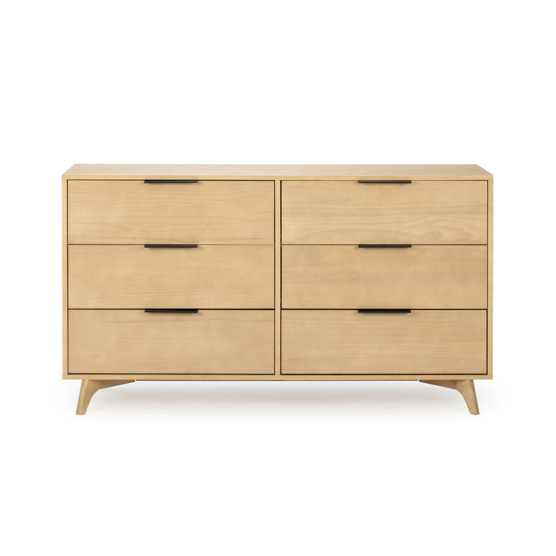 Mid-century modern six-drawer light wood dresser with black handles and tapered legs, bedroom storage furniture