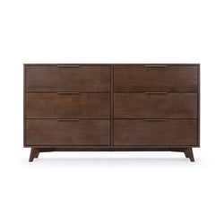 Mid-century modern 6-drawer walnut dresser with metal handles and tapered legs, dark wood finish
