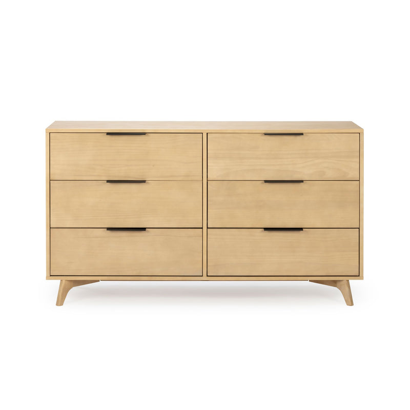 Mid-century modern light wood six-drawer dresser with black handles and tapered legs, natural maple finish bedroom storage