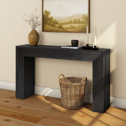 Elegant black console table with rustic decor and wicker basket in modern living room.