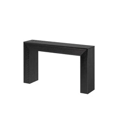 Black console table with minimalist design and elegant finish.