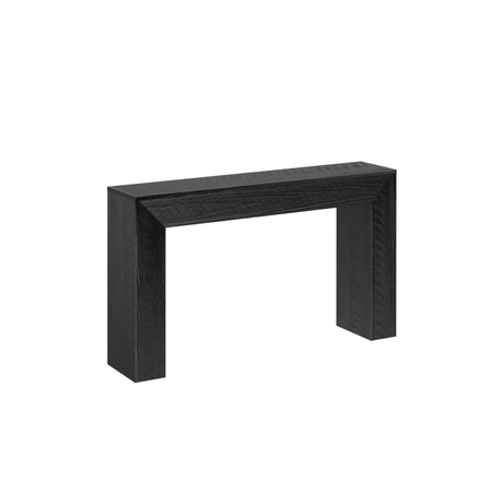 Modern textured black wooden fireplace mantel surround with chunky rectangular legs, minimalist mantel shelf for living room