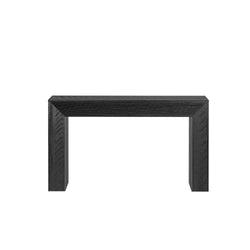 Black wooden console table with modern minimalist design for home or office decor.