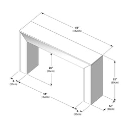 Table dimensions diagram with measurements in inches and centimeters, showing 56-inch width, 32-inch height, and 12-inch depth conversion.