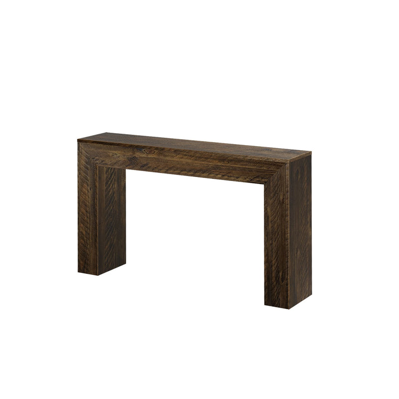 Wooden console table with rustic finish for living room decor.