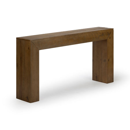 Rustic reclaimed brown wood console table with thick plank top and chunky square legs, farmhouse entryway or sofa table