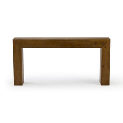 Rustic solid wood console table with natural brown finish and visible wood grain, minimalist rectangular entryway bench on white background