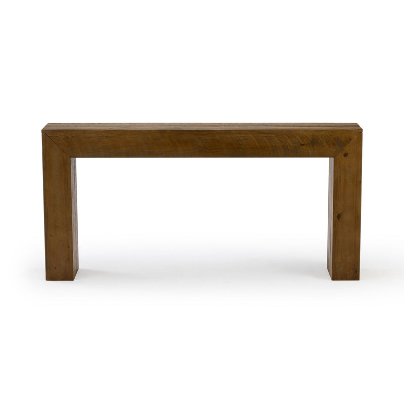 Rustic solid wood console table with natural brown finish and visible wood grain, minimalist rectangular entryway bench on white background