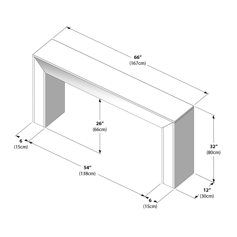 3D line drawing of modern console table mantel with dimensions: 66" (167cm) top length, 54" (138cm) opening width, 32" (80cm) height, 26" (66cm) opening height, 12" (30cm) depth.