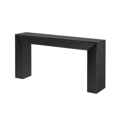 Black wooden fireplace mantel surround, minimalist modern mantel shelf with thick rectangular legs and flat top, decorative living room accent