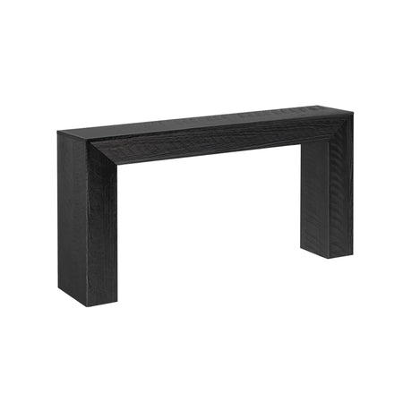 Black wood console table with rectangular block legs and textured grain, modern minimalist entryway or sofa table isolated on white background