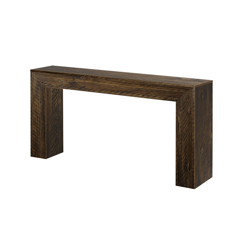 Rustic dark brown reclaimed wood console table with thick rectangular legs — long farmhouse entryway or sofa table