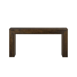 Rustic dark brown reclaimed wood console table with thick legs and rectangular top, modern farmhouse entryway or narrow sofa table