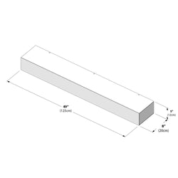 Isometric diagram of a rectangular floating mantel shelf, 49" (125 cm) long × 8" (20 cm) deep × 5" (12 cm) high, line drawing showing mounting hole locations and dimension arrows