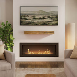 Modern living room with built-in linear fireplace, floating wooden mantel, landscape wall art, neutral sofas, indoor plant and hardwood floors