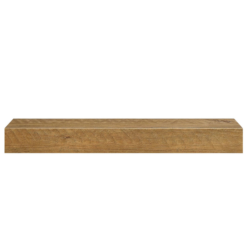 Rustic floating wood wall shelf with natural oak grain finish on white background