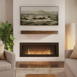 Modern living room with recessed linear gas fireplace and wooden floating mantel, landscape wall art above, neutral sofas, potted plant and hardwood floors