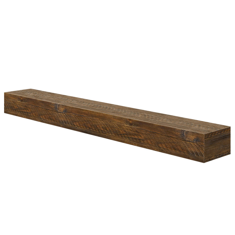 Rustic reclaimed barnwood floating mantel shelf — distressed dark brown wood fireplace beam accent