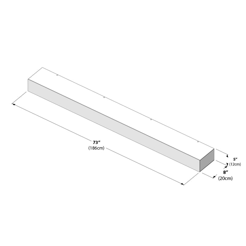73-inch rectangular beam isometric diagram labeled 73″ (186 cm) x 8″ (20 cm) x 5″ (12 cm)