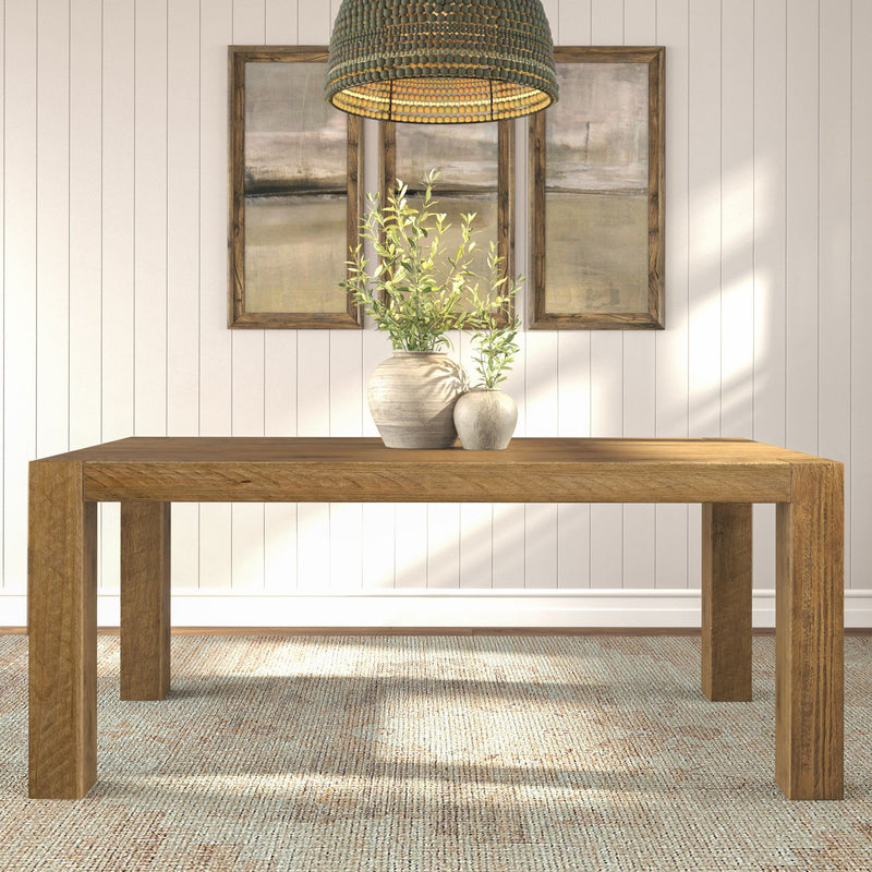 Rustic wooden dining table with decorative vases and modern chandelier in a contemporary dining room.