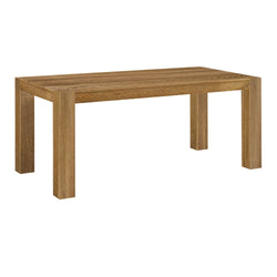 Modern wooden dining table with natural oak finish and minimalist design.