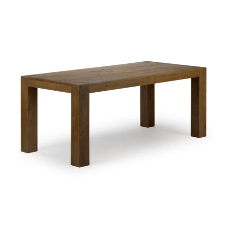 Solid wood rectangular dining table with chunky square legs, rustic farmhouse style brown finish, ideal for seating six people