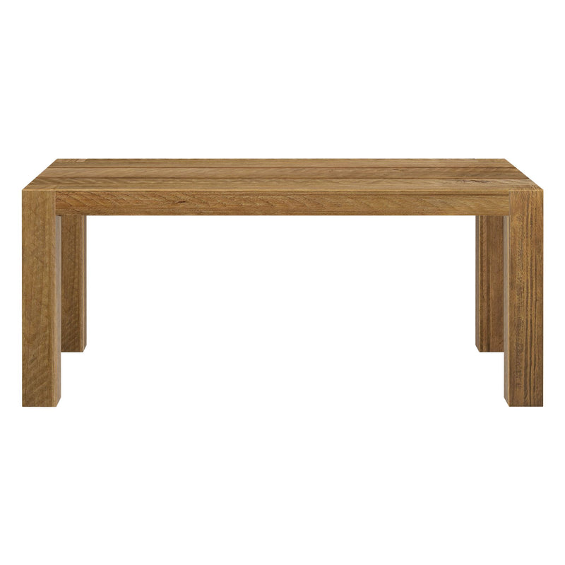 Wooden dining table with a minimalist modern design and sturdy rectangular legs.
