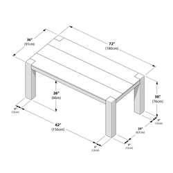 Rectangular dining table dimension diagram showing 72″ (180cm) length, 36″ (91cm) width, 30″ (76cm) height, 26″ (66cm) knee clearance and 5″ (12cm) leg inset — furniture blueprint for dining table