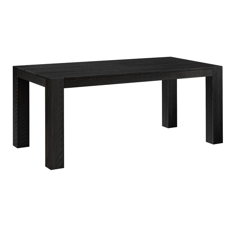 Black solid-wood rectangular dining table with plank-style top and chunky square legs, modern farmhouse design, seats up to six