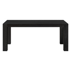 Black rectangular solid-wood coffee table with plank-style top and chunky square legs, modern minimalist rustic design