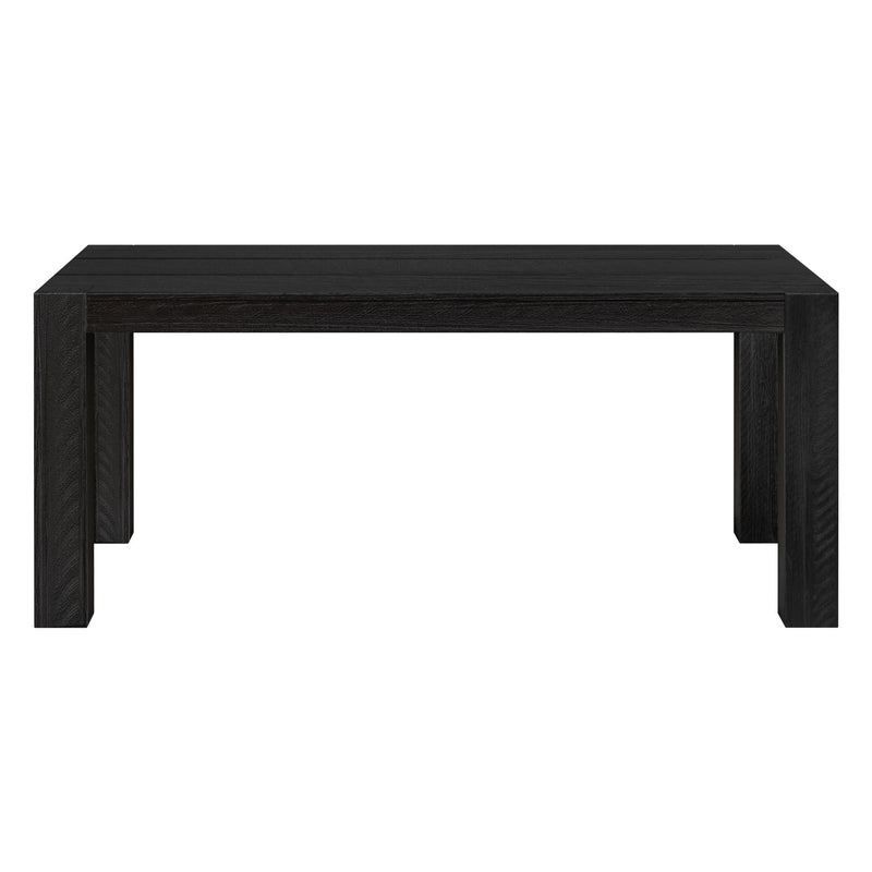 Black rectangular solid-wood coffee table with plank-style top and chunky square legs, modern minimalist rustic design