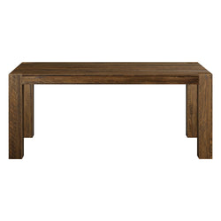 Wooden rectangular dining table with a rustic finish.