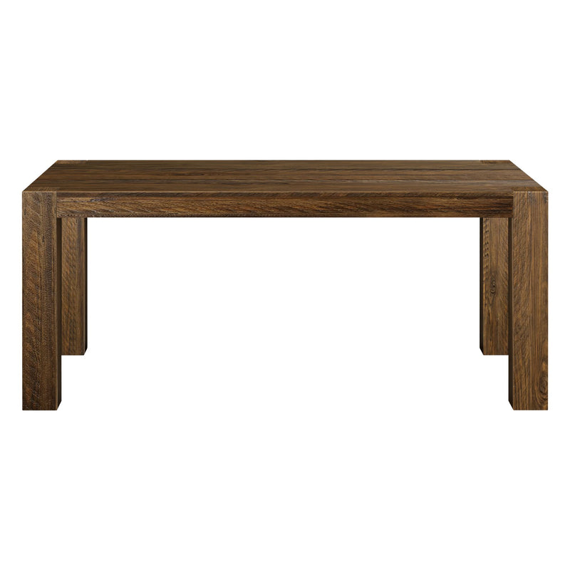 Wooden rectangular dining table with a rustic finish.
