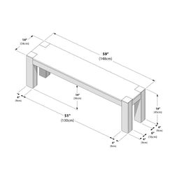 Illustration of a wooden bench with detailed dimensions including length, width, and height in inches and centimeters.