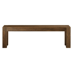 Rustic wooden bench with a modern design for indoor or outdoor use.