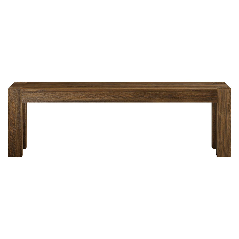 Rustic wooden bench with a modern design for indoor or outdoor use.