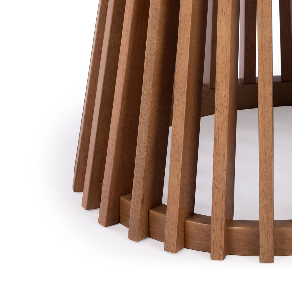 Close-up of modern wooden furniture base with vertical slats design on a white background.