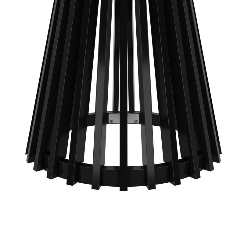 Sleek black metal frame of modern industrial lampshade design.