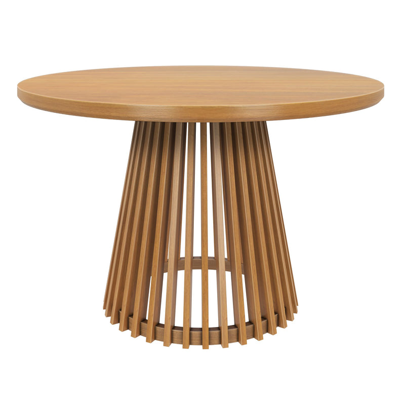 Round wooden dining table with a modern slatted base design.
