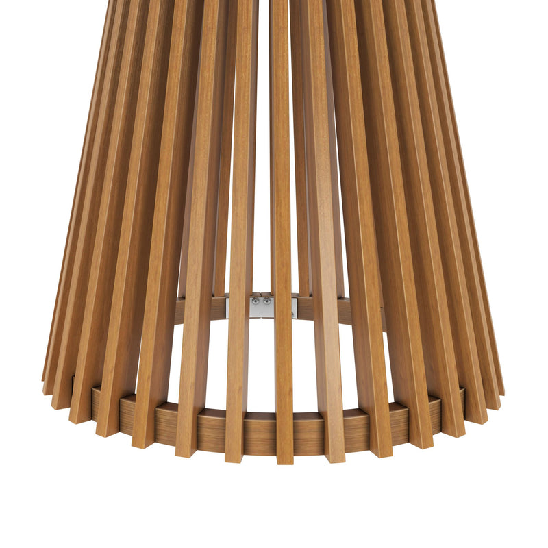 Wooden cylindrical pendant light design with vertical slats for modern interior decor.