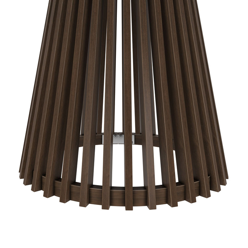 Modern wooden pendant light fixture with dark wood slats, home decor lighting.