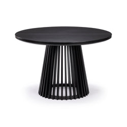 Round black modern dining table with slatted pedestal base.