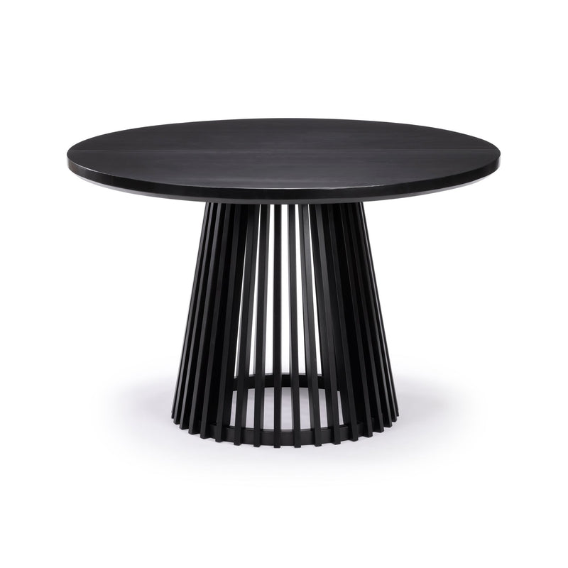 Round black modern dining table with slatted pedestal base.
