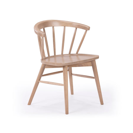 Wooden dining chair with a rounded backrest and spindle design, perfect for modern home decor.