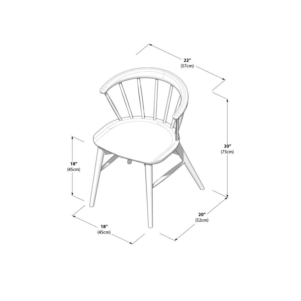 Dimensions of a modern wooden chair with a curved backrest, measuring 22 inches in width, 30 inches in height, 18 inches in seat height, and 20 inches in depth.